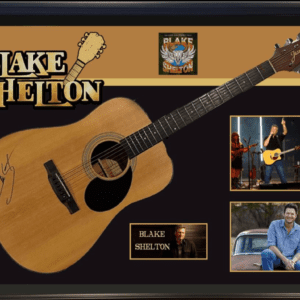 Framed guitar collage with Blake Shelton images.
